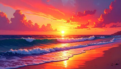 Radiant Seascape: A Symphony of Colors at Sunset over Serene Waves on the Beach