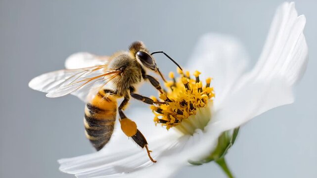 Close encounter with a bee collecting pollen from a delicate white flower at midday in a sunny garden