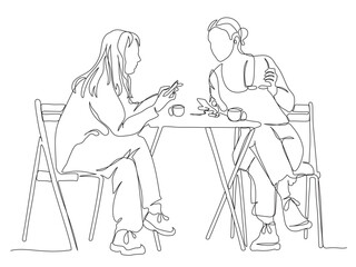 2 women at street cafe table with cups using phones. Selecting desert with mobile app. Side view. Continuous line drawing. Black and white vector in line art style. Editable stroke.