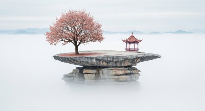 A solitary tree with pink blossoms and a traditional pagoda rest on a floating rock formation amidst ethereal mist