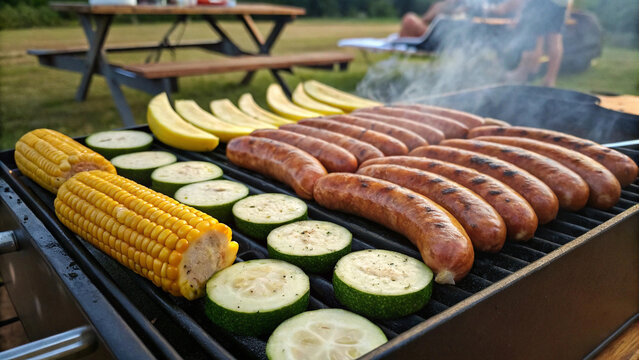 Barbecue grill loaded with sausages, zucchini, and corn on the cob