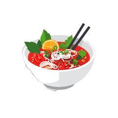 Red Noodle Soup In White Bowl With Chopsticks