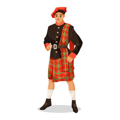 Male character wearing red tartan kilt with matching sash and tam hat in flat graphic style, standing on white background. Concept of culture. Vector illustration