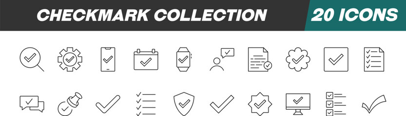 Collection of Line Icons of Checkmark for Adverts. Suitable for books, stores, shops. Editable stroke in minimalistic outline style. Symbol for design