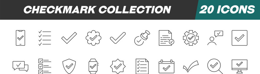 Collection of Signs of Checkmark. Suitable for books, stores, shops. Editable stroke in minimalistic outline style. Symbol for design © Dilia Almukhambetova