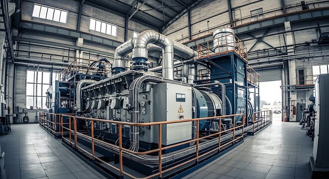 Panoramic view of a large industrial gas engine generator set inside a modern power plant for energy production.