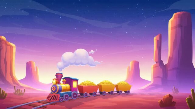 A cheerful train chugs along a winding track through a vibrant desert at sunset