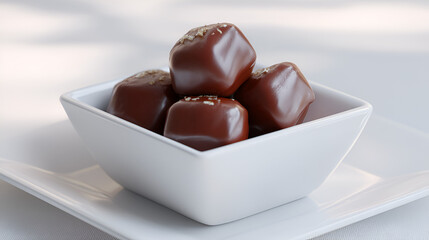 Chocolate delights: A small white bowl filled with decadent chocolates topped with sprinkles on white surface.