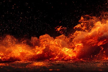 An intense burst of fiery energy and radiant explosions illuminates a dark void, evoking a sense of raw power and dramatic visual impact through dynamic forms.