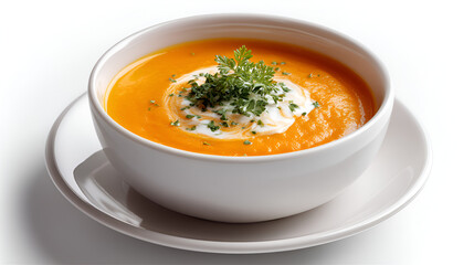 A bowl of vibrant orange soup, garnished with cream and herbs, rests on a clean white plate.