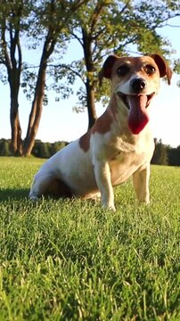 Smiling dog resting sitting on the grass. open mouth tongue out after active running breathing heavily. then crawls on the grass on his stomach to the camera. Vertical video footage. summer evening