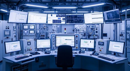 Futuristic central command center with multiple display screens for data analysis and system control.