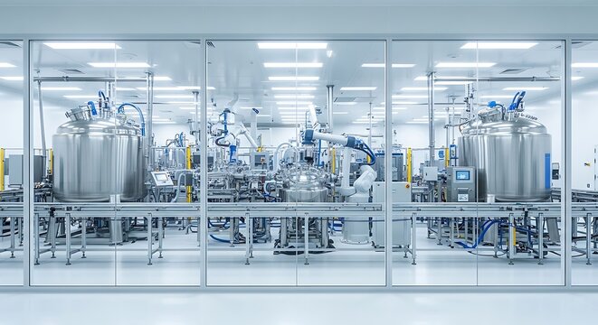 State-of-the-art pharmaceutical manufacturing facility with robotic automation in a sterile cleanroom environment. Concept of advanced biotechnology.