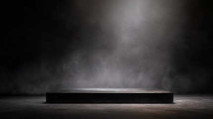 Podium black dark smoke background product platform abstract stage texture fog spotlight. Dark black floor podium dramatic empty night room table concrete wall scene place display.
