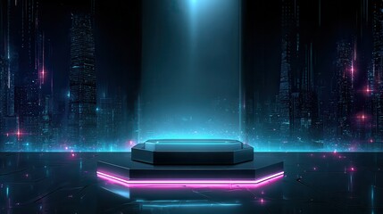 A futuristic podium illuminated by neon lights, set against a digital cityscape background with a dark, high-tech ambiance, Ideal for tech presentations, product showcases, and.