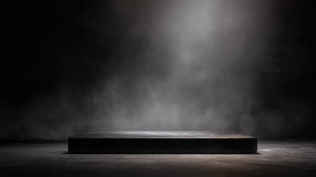 Podium black dark smoke background product platform abstract stage texture fog spotlight. Dark black floor podium dramatic empty night room table concrete wall scene place display.