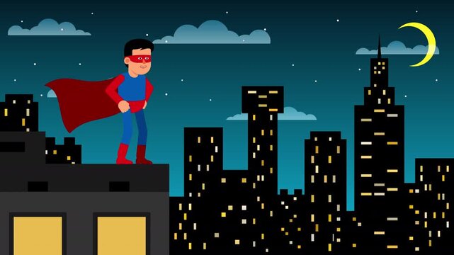 Superhero in red cape standing confidently on a rooftop at night, overlooking a modern city skyline under the moonlight. Looped animation