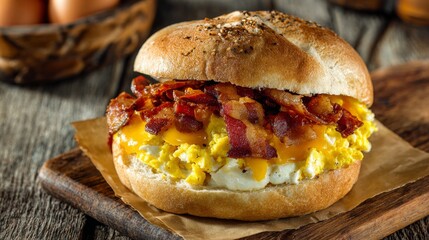 A creative composition of a breakfast sandwich layered with eggs, cheese, and crispy bacon, set against a rustic wooden background for a homey feel