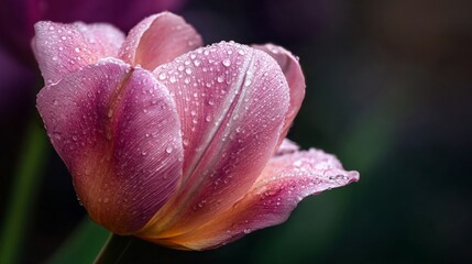 A close-up of a blooming flower, such as a rose or a tulip, with dew drops on its petals and a soft, blurred background, emphasizing beauty and detail.