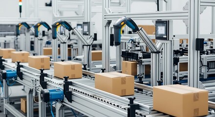 Automated conveyor belt system in a modern factory. Robotic arms scan cardboard boxes for efficient logistics and distribution.