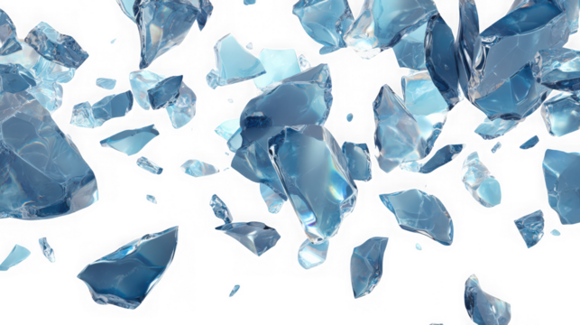 Abstract light blue ice shards floating in the air isolated on transparent background