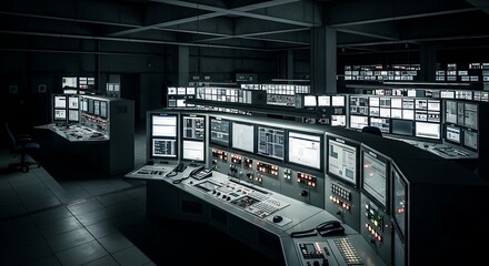 A sophisticated, dimly lit command center with rows of illuminated computer screens and complex control panels for system monitoring.