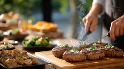 Hands expertly grill succulent steak with fragrant herbs on a wooden board, surrounded by colorful food in a warm, inviting setting