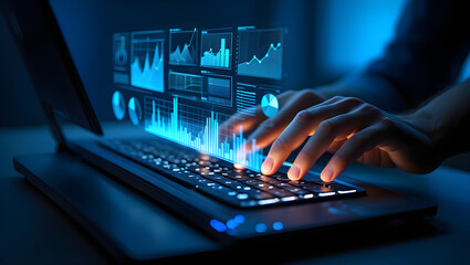Hands typing on a laptop with holographic data graphs floating above