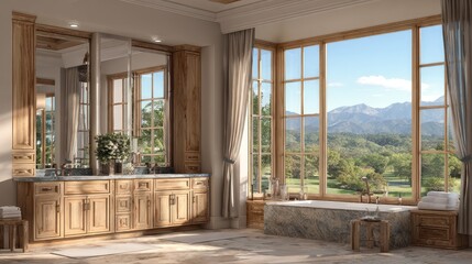 Luxurious bathroom with panoramic mountain views.