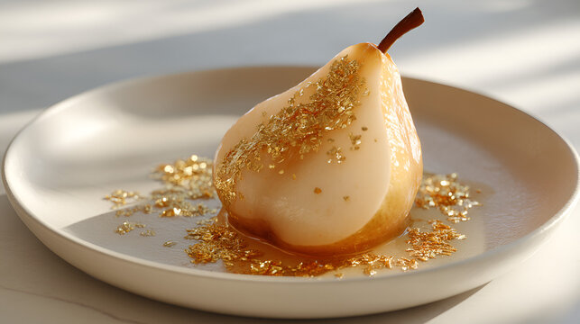 Elegant poached pear dessert, adorned with edible gold leaf, on a minimalist plate. Delicious treat!