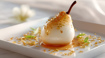 Elegant pear dessert with golden flakes, sauce, and mint on a white plate. Food styling perfection.