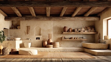 Rustic, earthy bathroom interior design.