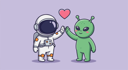 Fototapeta premium Cute astronaut and alien giving a high five, symbolizing friendship in space.