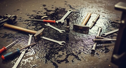 Essential hand tools like wrenches, screwdrivers, and hammers are scattered across a grimy, oil-stained workshop floor, depicting diligent manual labor and practical industrial repair.