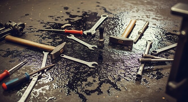 Essential hand tools like wrenches, screwdrivers, and hammers are scattered across a grimy, oil-stained workshop floor, depicting diligent manual labor and practical industrial repair.