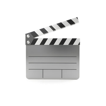 Film clapperboard, 3D illustration, metallic material, soft reflections, white background. Generative AI