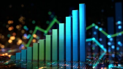 Obraz premium A detailed D financial bar graph with rising bars in blue and green tones, set against a modern digital grid background with glowing elements.