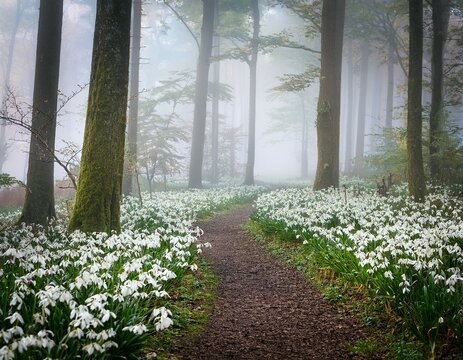 misty forest path lined with white flowers