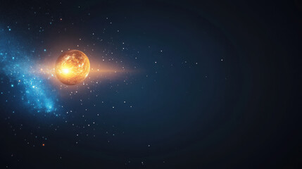 Naklejka premium Glowing celestial body radiates light in dark cosmic expanse, surrounded by swirling nebula and scattered stars, evoking sense of wonder and mystery