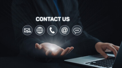 UI concept for contact us section showing icons for email, web, phone, and message. Contact and...