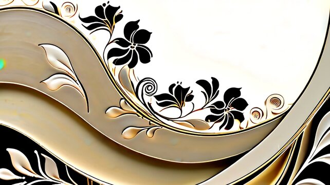 Elegant black floral design with luxurious gold and cream flowing lines creates a sophisticated decorative background for premium branding
