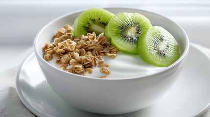 Bowl of yogurt topped with sliced kiwi and granola for a nutritious and delicious breakfast or snack.
