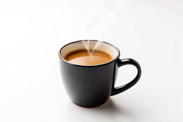 Fototapeta premium Black Mug Steaming Coffee Brown Liquid White Background