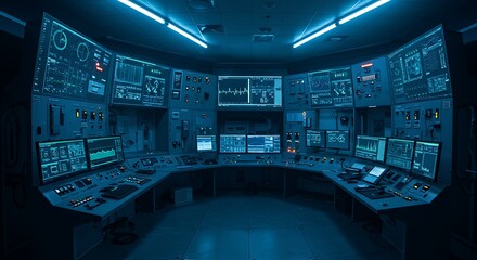 Futuristic command center with multiple glowing blue screens in a dark, high-tech control room environment