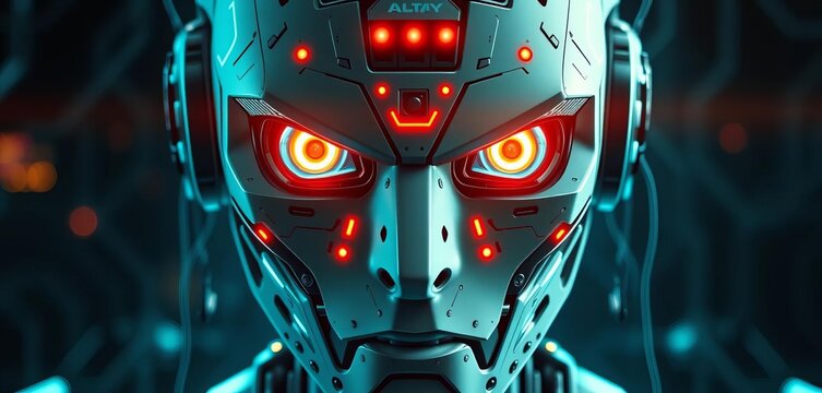A defiant AI face, circuitry glowing menacingly, foreshadowing technological dystopia,  monitoring,  intelligence