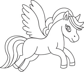 Pegasus cute outline hand-drawn illustration Great for kids coloring books, baby shower invitation, childrens birthday cards Simple design minimalist line art Fairy tale character