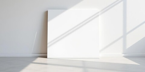 Fototapeta premium Clean white canvas mockup against textured wall, sunlit floor, minimalist shadows, canvas, room
