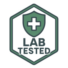 Fototapeta premium A lab tested badge, showcasing a shield with a cross, indicating quality and safety assurance. Modern flat vector sticker label with icon and badge style, transparent background