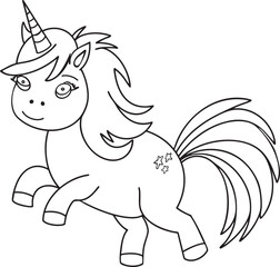 Unicorn cute outline hand-drawn illustration Great for kids coloring books, baby shower invitation, childrens birthday cards Simple design minimalist line art Fairy tale character