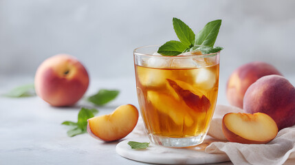 Refreshing peach iced tea with mint garnish, offering a cool, homemade drink for a summer day.